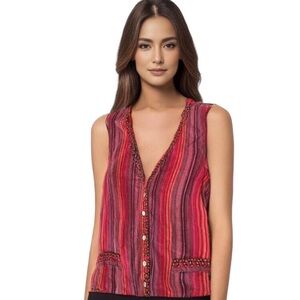 Vintage Retro Striped Beaded Vest 100% cotton  Size M
